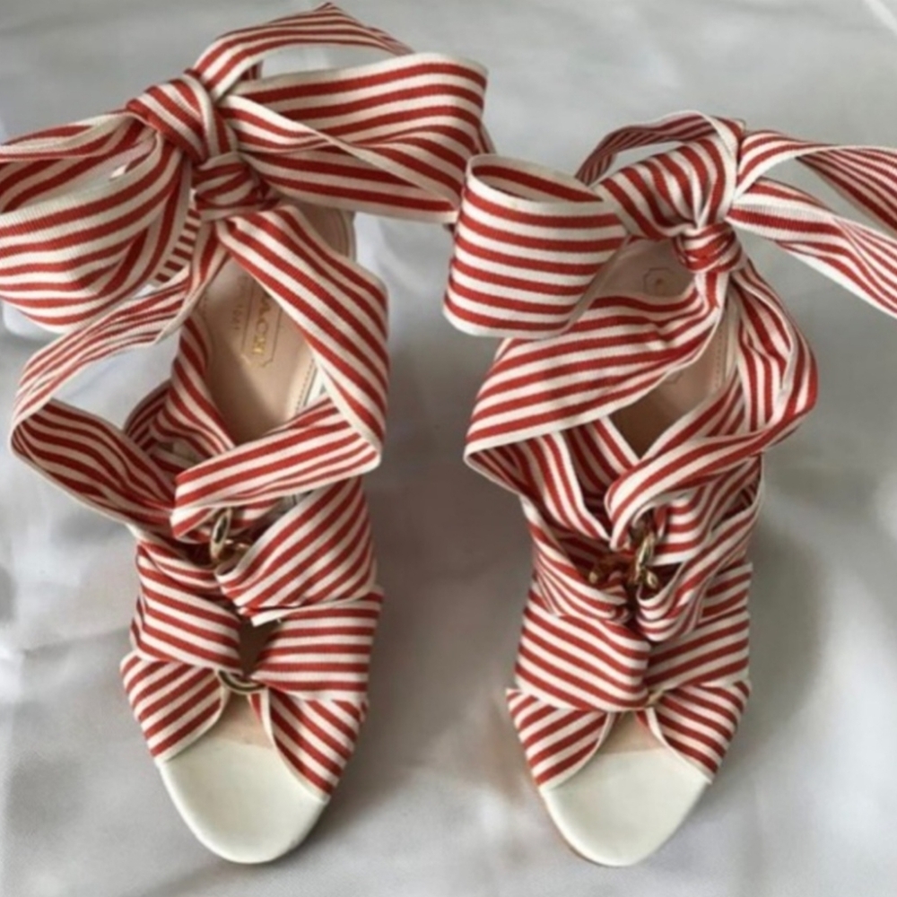 COACH size 7 1/2 Kimi orange/white ribbon strappy sandals worn once Vintage! - Picture 2 of 9